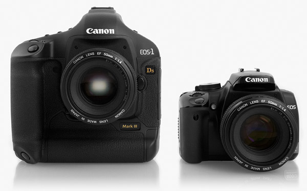 Canon 1Ds mark III naast de Canon 400D