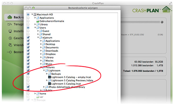 Crashplan; beperk de bestanden Crashplan lr cat