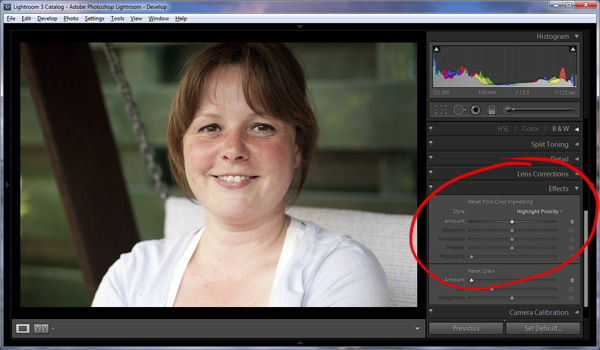 Vignettering paneel in 'Effects' Vignettering in Lightroom toevoegen
