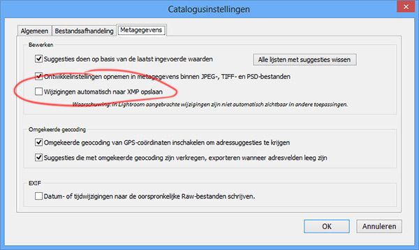 Wegschrijven naar XMP Lightroom write to xmp