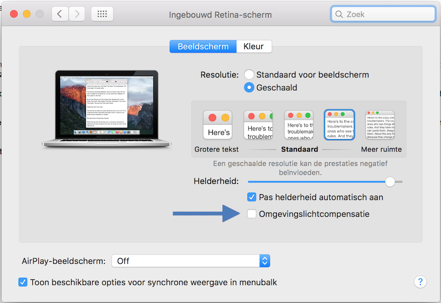 Omgevingslichtcompensatie in Mac OS X El Capitan Omgevingslichtcompensatie in Mac OS X El Capitan