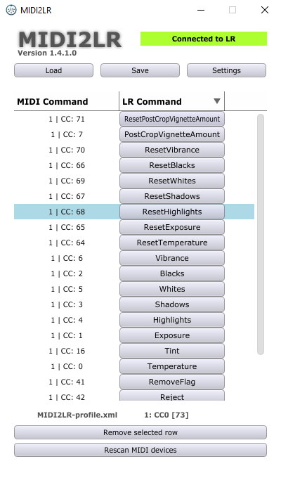 Midi2LR window Midi2LR window