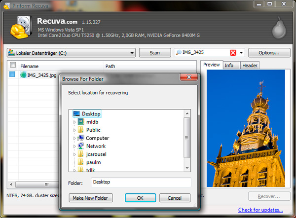 Recuva heeft een eenvoudige interface Recuva heeft een eenvoudige interface
