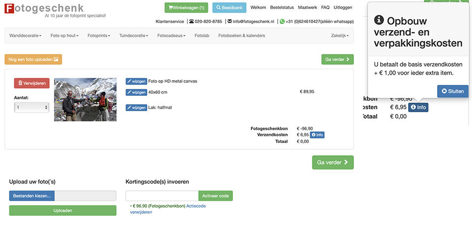 Fotogeschenk opbouw verzend en verpakkingskosten