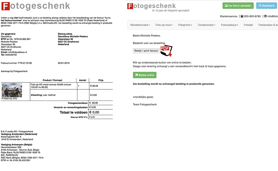 Fotogeschenk pdf factuur bekijken printen