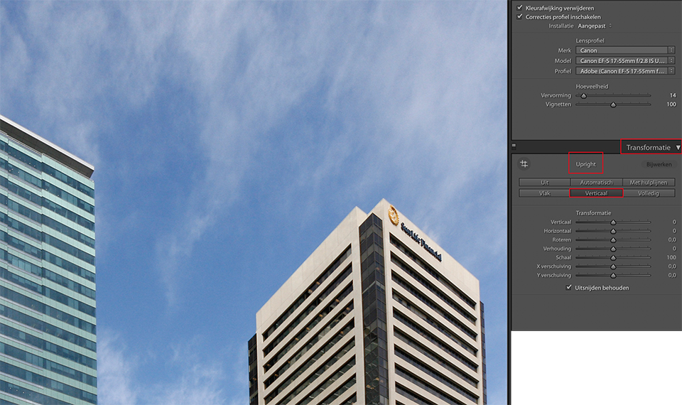 Lightroom perspectief corrigeren upright