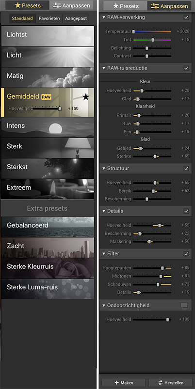 Noiseless presets en aanpassingen Noiseless presets en aanpassingen