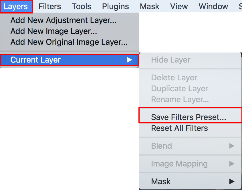 Save filters preset in current layer