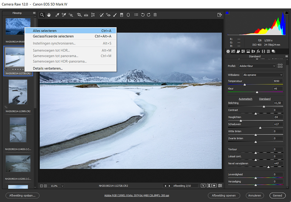 Camera Raw: Alles selecteren