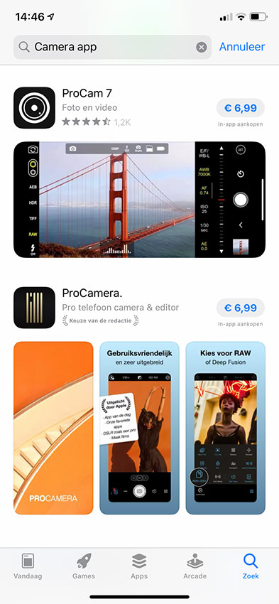 Er zijn veel verschillende camera apps verkrijgbaar. De meesten kosten een klein bedrag, maar dan heb je vaak ook veel meer mogelijkheden dan de standaard camera app van je smartphone
