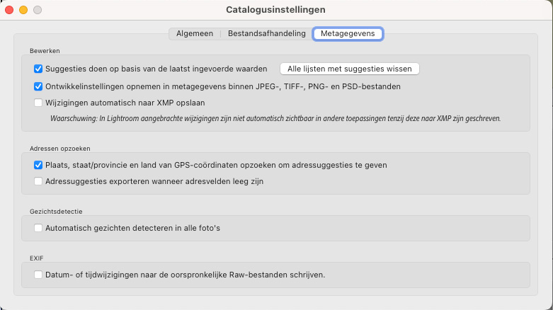 Nando lrc catalogus xmp instellen