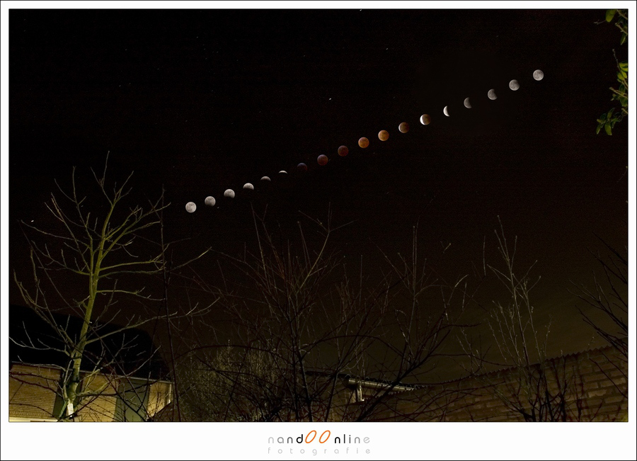 Collage van 18 foto's van de Maan tijdens de verduistering in 2007 Collage van 18 foto's van de Maan tijdens de verduistering in 2007
