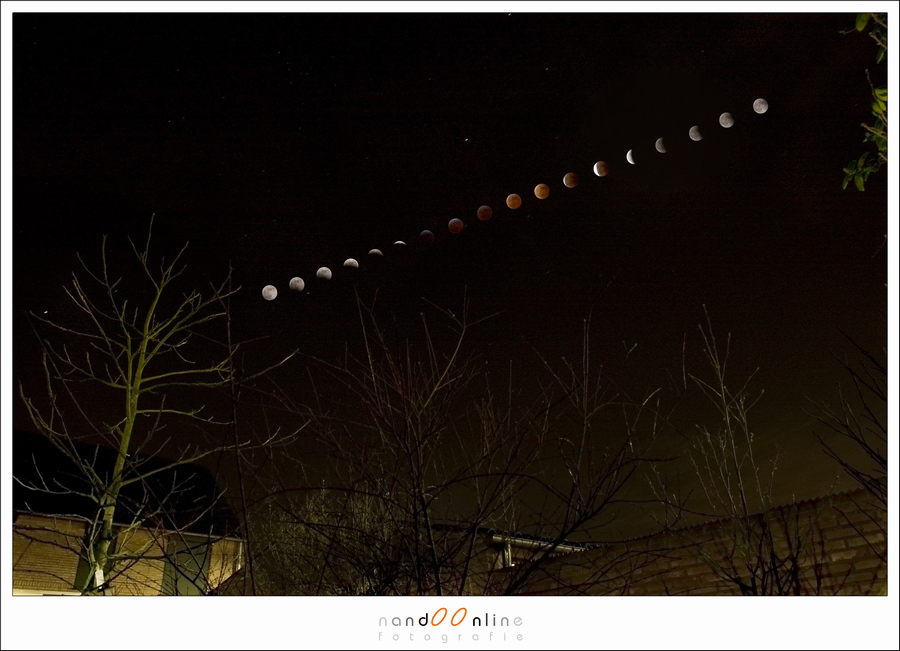 Collage van 18 foto's van de Maan tijdens de verduistering in 2007