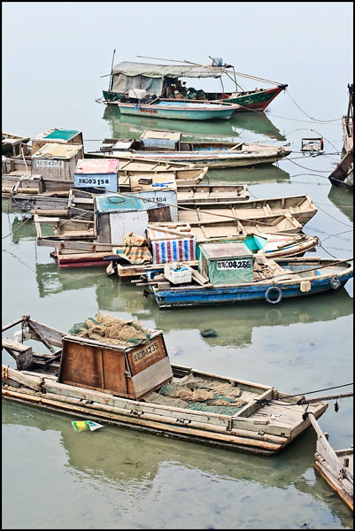 Moored primitive fishermen boats