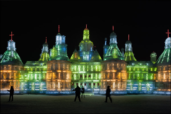 Colorful fantasy palace made of ice blocks