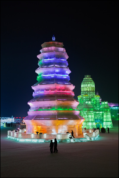 Tall multicolored pagoda at Harbin Ice Sculpture Festival