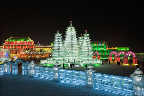 View on illuminated constructions at the Harbin Ice Sculpture Festival