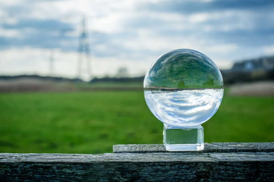 Glazen bol in de polder op een hek